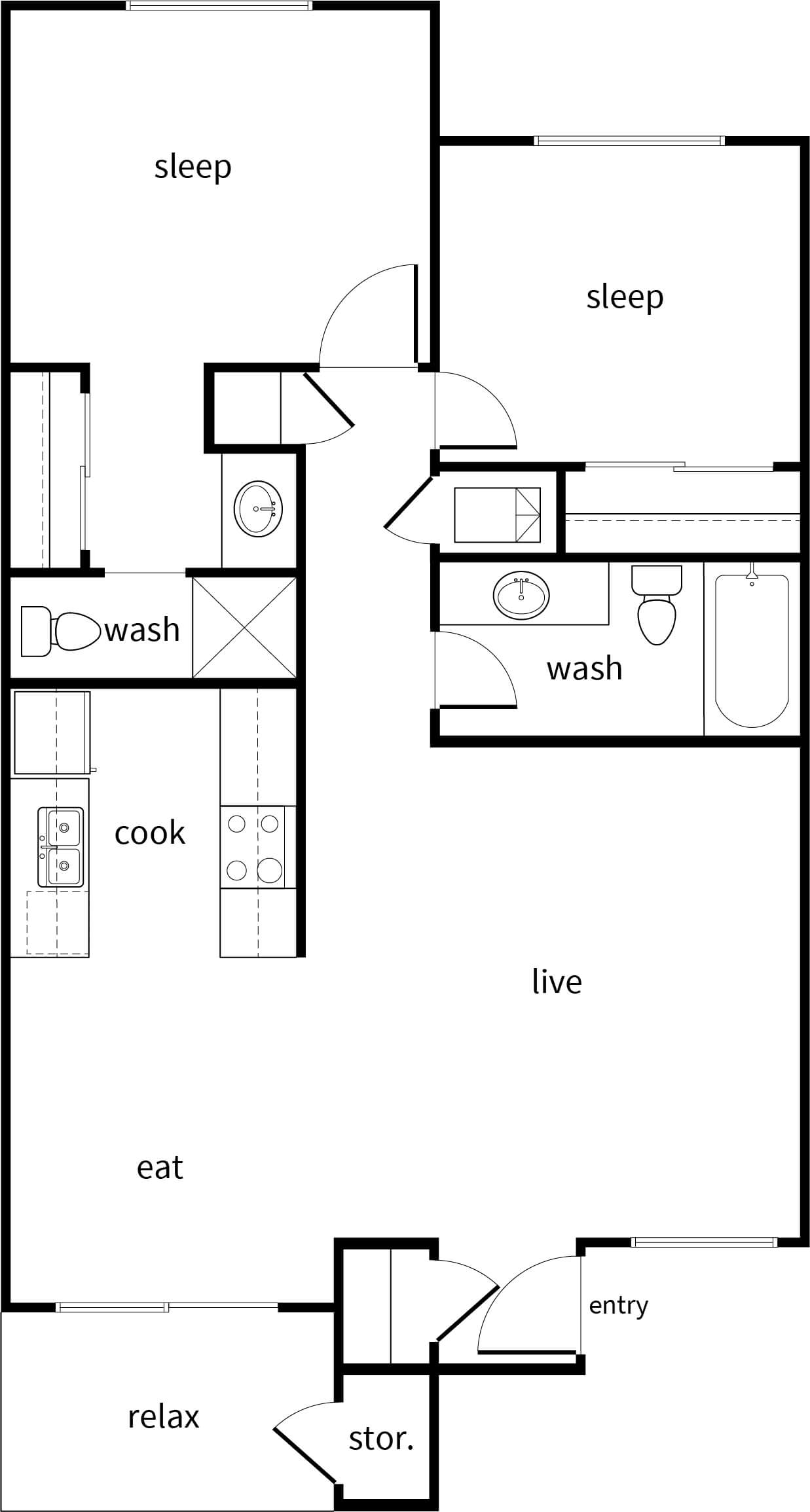 Floor plan for 2 beds, 2 baths, 843 sqft